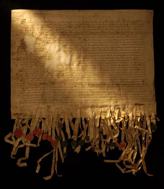 The Declaration of Arbroath with affixed signatures.