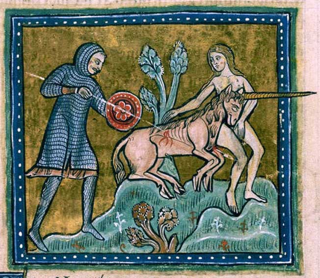 La belle dame sans merci. Flaxen-haired maiden lures a trusting unicorn to its doom. Perhaps this took place in rural  Aberdeenshire. The man on the left does not love unicorns in the right way.